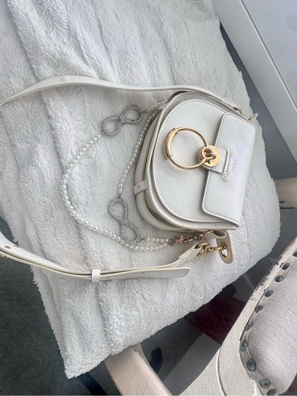 Chloé Tess Small Cream Leather Crossbody Gold Ring Bag